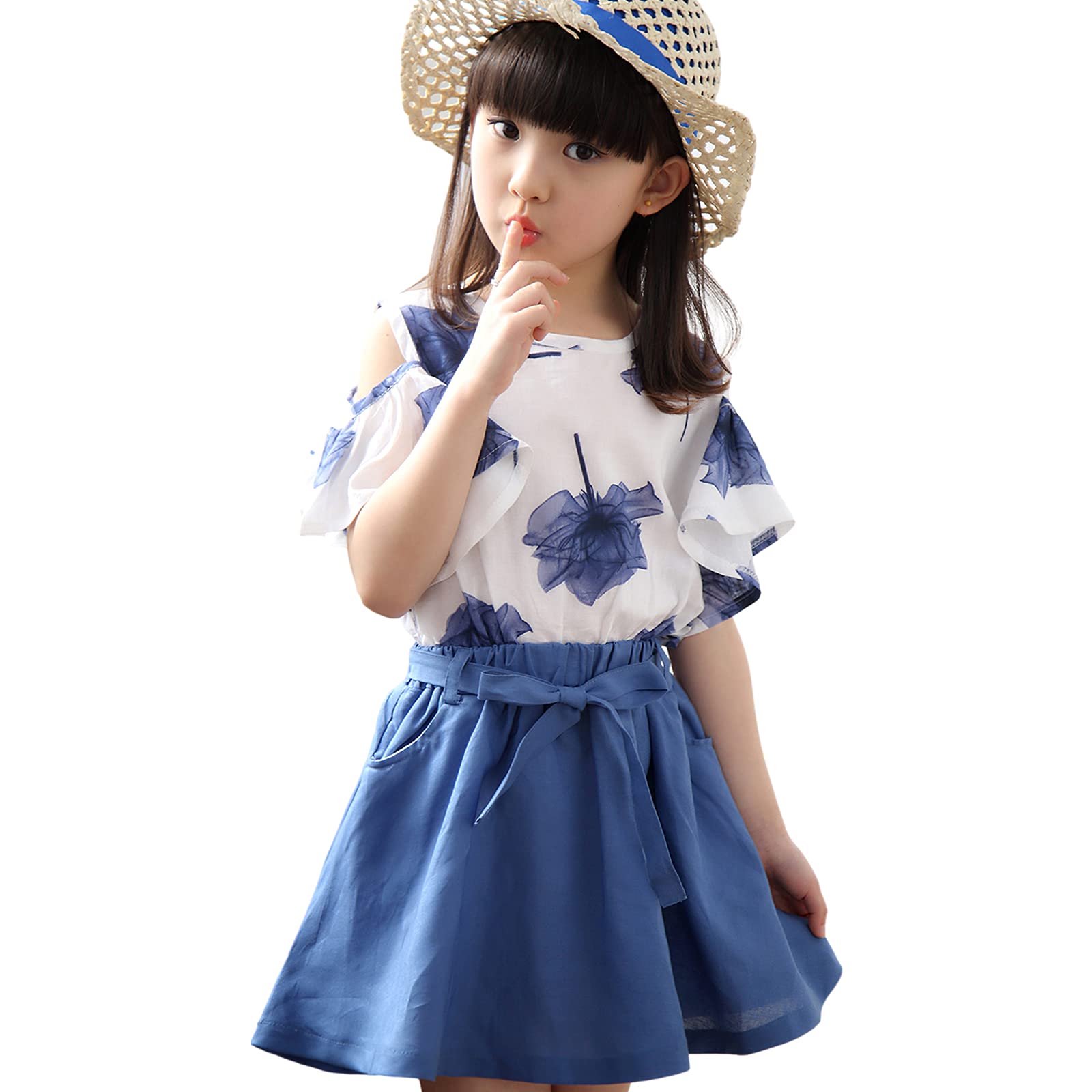 amropi Niña Floral Conjunto de Verano Camiseta de Manga Volantes y Falda 2 Piezas Ropa Set 3-12 años