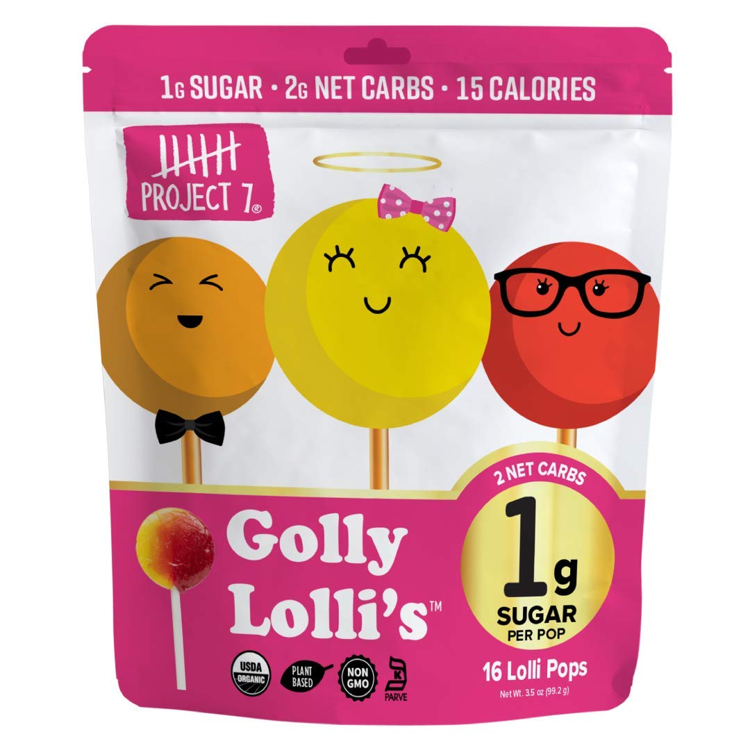 Project 7 Low Sugar Organic Certified Golly Lolli's | 1 Gram of Sugar Per Pop, Vegan, Non-GMO Hard Candy | Variety Flavor, 3 Pack (16 Lolli's each)