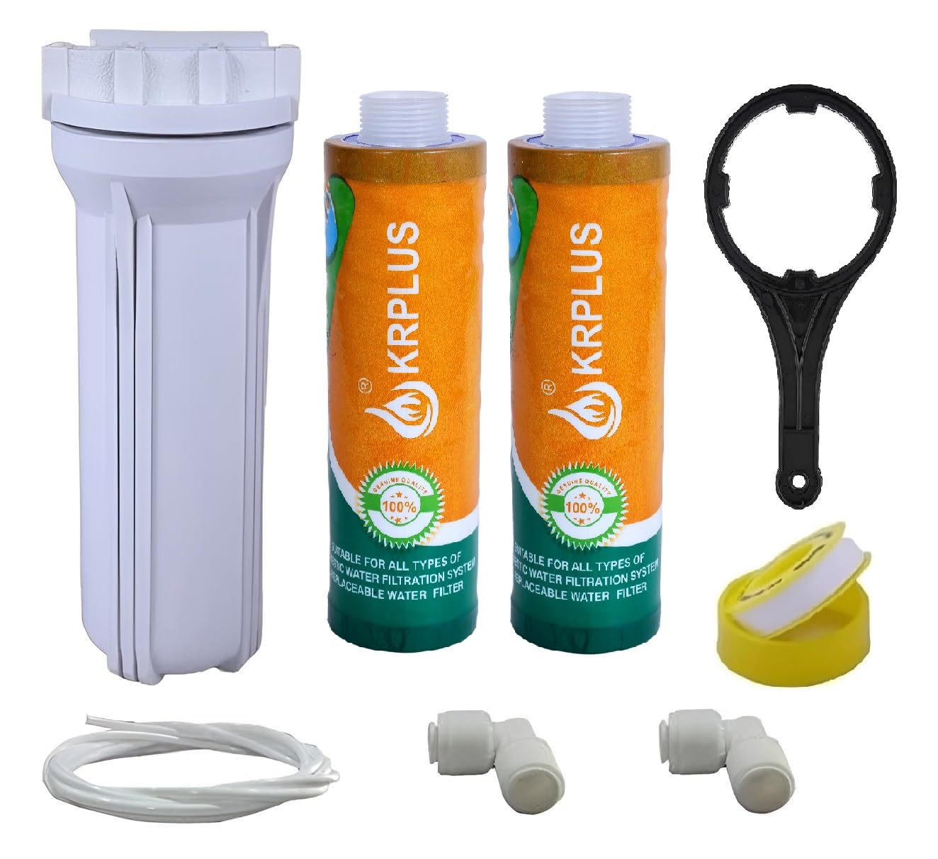 Pre Filter Housing + 2 Pcs 9" MLT Thread Filters Cartridge + Spanner/Wrench Key + 3 Mtr RO Pipe 1/4", Elbow & Telfon Compatible with All Branded/Non Branded Water Purifiers, White (10-Inch)-image-9