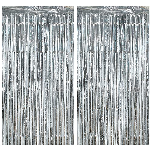 Pazzlas 2 Pièces Argent Rideau Frange Anniversaire, Brillant Rideau à Franges, Aluminium Shimmer Porte Fenêtre pour Décoration Fête Mariage d'anniversaire Cover