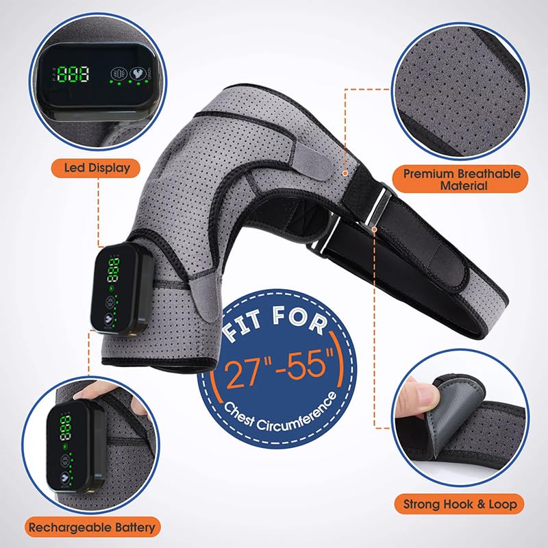 Coussin De Massage Chauffant Sans Fil Pour Épaule, Attelle Chauffante avec 3 Niveaux De Chaleur Et Vibrations, Écran Tactile et Batterie Haute Capacité, Adaptée À L'Épaule Gauche/Droite pour Unisexe