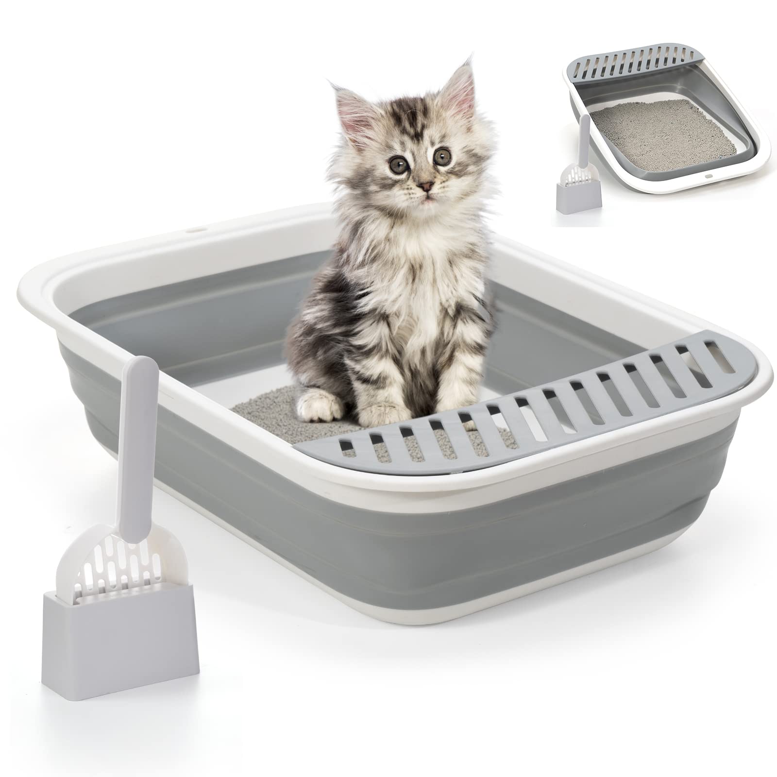 Open Top Cat Litter Box, Large Foldable Cat Potty Height-Adjustable Sides Anti-Splash, Open Air Kitty Litter Pan No Smell, Toilet Easy Clean with Scoop(Gray XL)