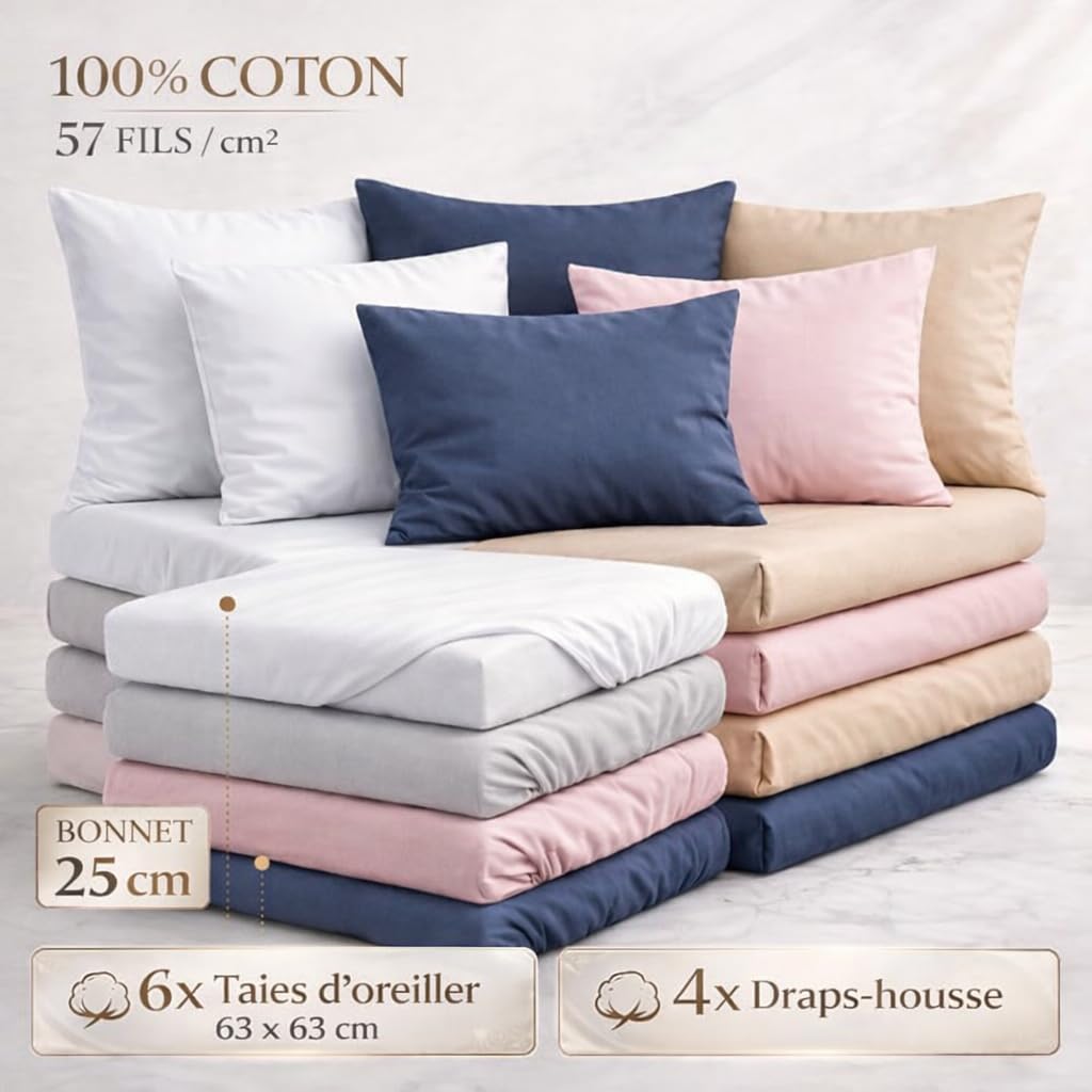Lot de 4 Draps Housse 160x200cm + 6 Taies d'oreiller 63x63cm-100% Coton 57- Fils