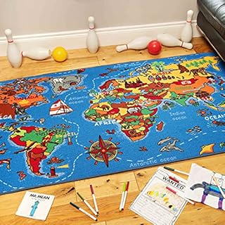 The Rug House Childrens Kids World Map Playmat Educational Animal Capitals Toddler Nursery Boys Girls Bedroom Playroom Classroom Carpet Rugs Mats 95cm x 200cm