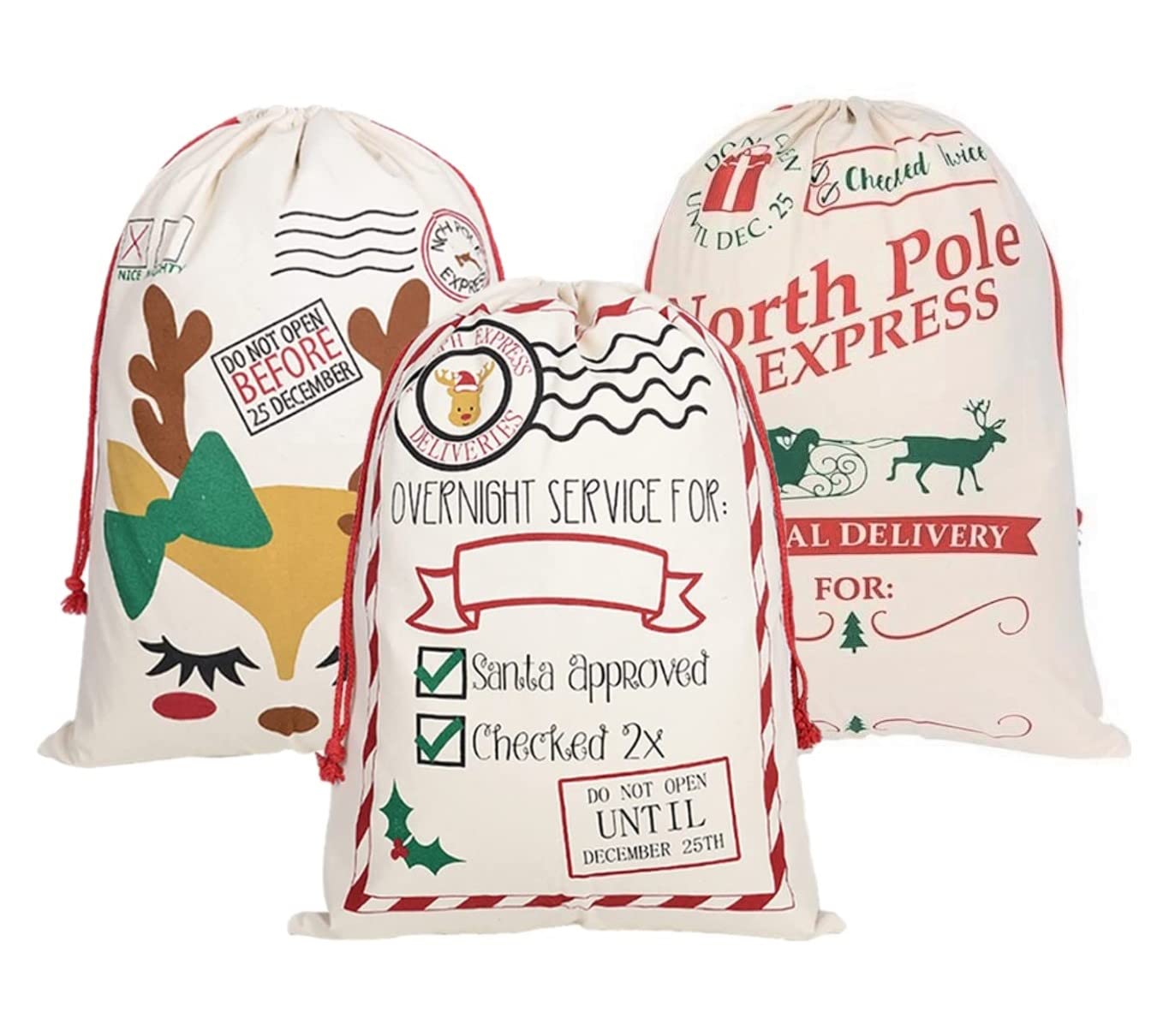 LATERN 3Pcs Christmas Bags Gifts Bags Santa Sack Canvas Bag with Red Drawstrings - 3 Styles Christmas Christmas Express Delivery Bags Extra Large Size 70 x 50cm