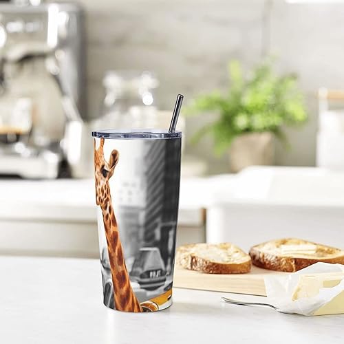 Miniatura 9 de ASEELO Giraffe in New York - Vaso de acero inoxidable de 20 onzas con tapa y popote taza de café al vacío de doble pared vaso de café aislado para