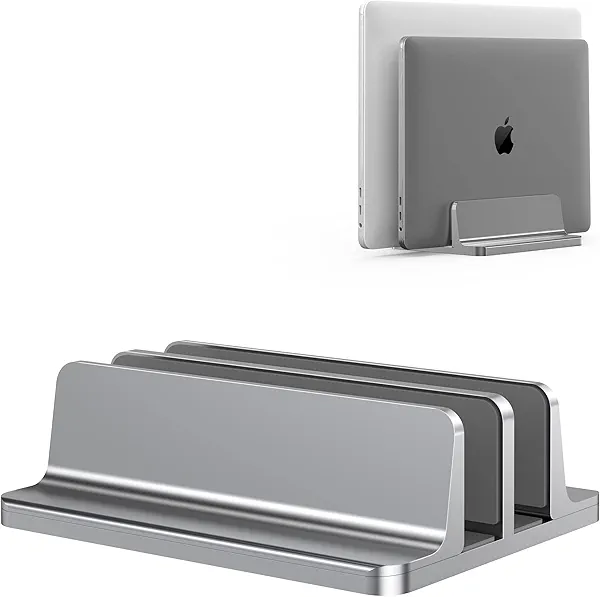 BULL-TECH Vertical Laptop Stand, Adjustable 2 Slot Aluminum Desktop Holde(Up to 17.3 inch), Fits All MacBook/Microsoft Surface/HP/Dell/ChromeBook/iPad and Gaming Laptops (Grey)