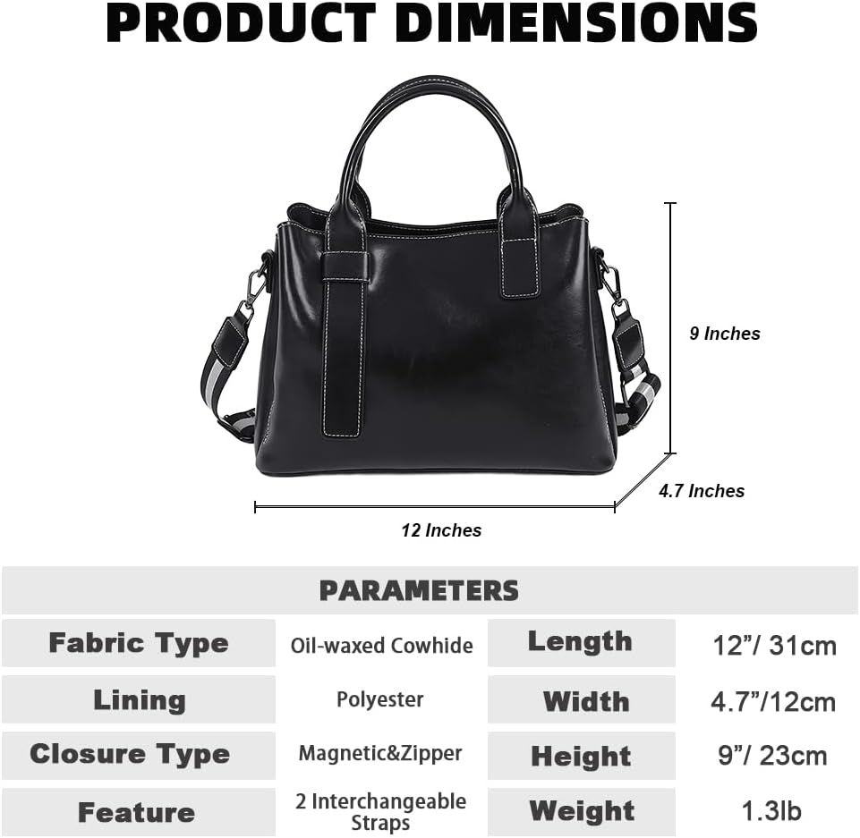 Women's Genuine Leather Tote Bag, Satchel Handbags with 2 Interchangeable Straps, Classic Top Handle Shoulder & Crossbody Purse for Work - Black - Image 4
