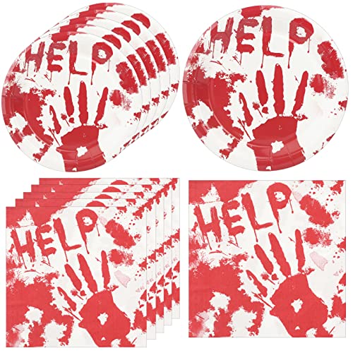 Khaivi Halloween Party Supplies Pick- Bloody Party Scary Time Blood Hand Print Dinnerware Set 20Pcs Dessert Plate And 20Pcs Napkins, Serves 20 Guest #TOP12