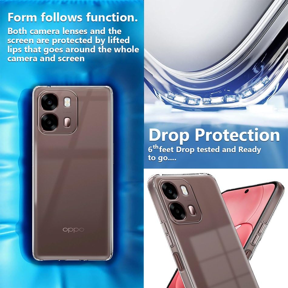 Image of Fashionury Crystal Clear Case for Oppo A6 Pro 5G | Yellowing Resistance | Transparent TPU Silicone | Raised Camera Lips | Slim Transparent Cover
