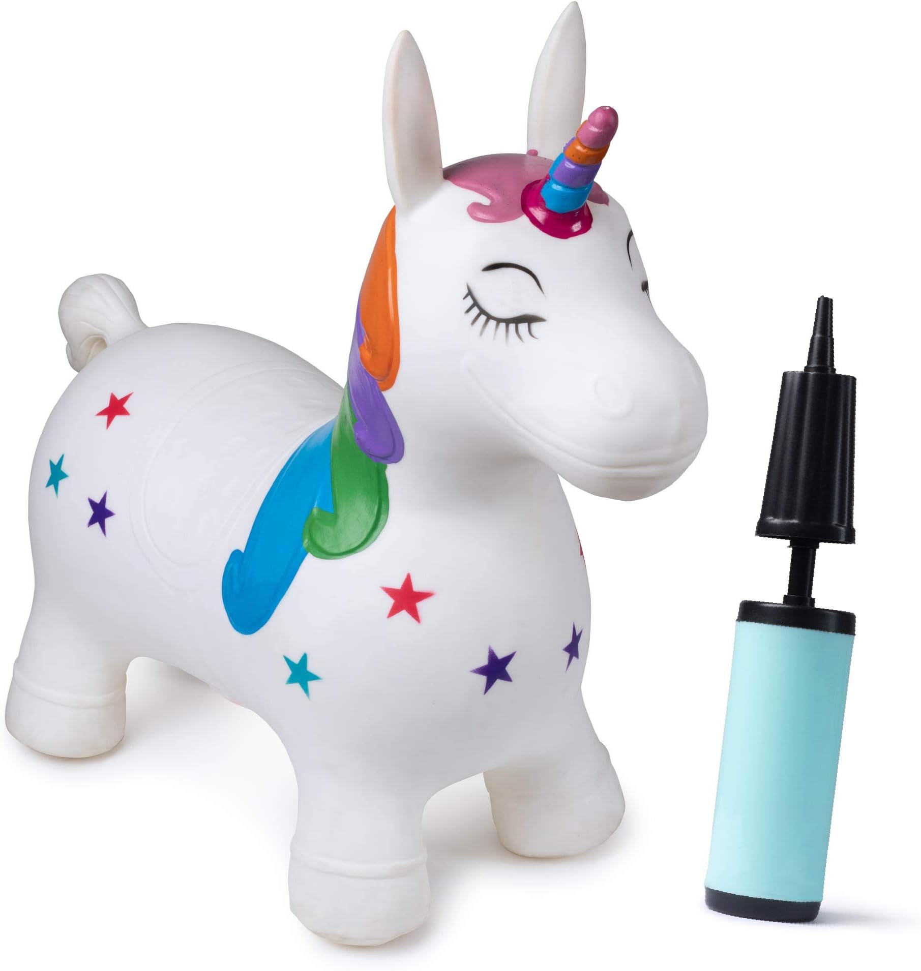 Hoovy Inflatable Bouncy Unicorn with Pump | Bouncing Unicorn Ride on Toy for Kids | Unicorn Jumping Hopper Gift for Toddlers & Children | Portable & Travel Friendly (White)