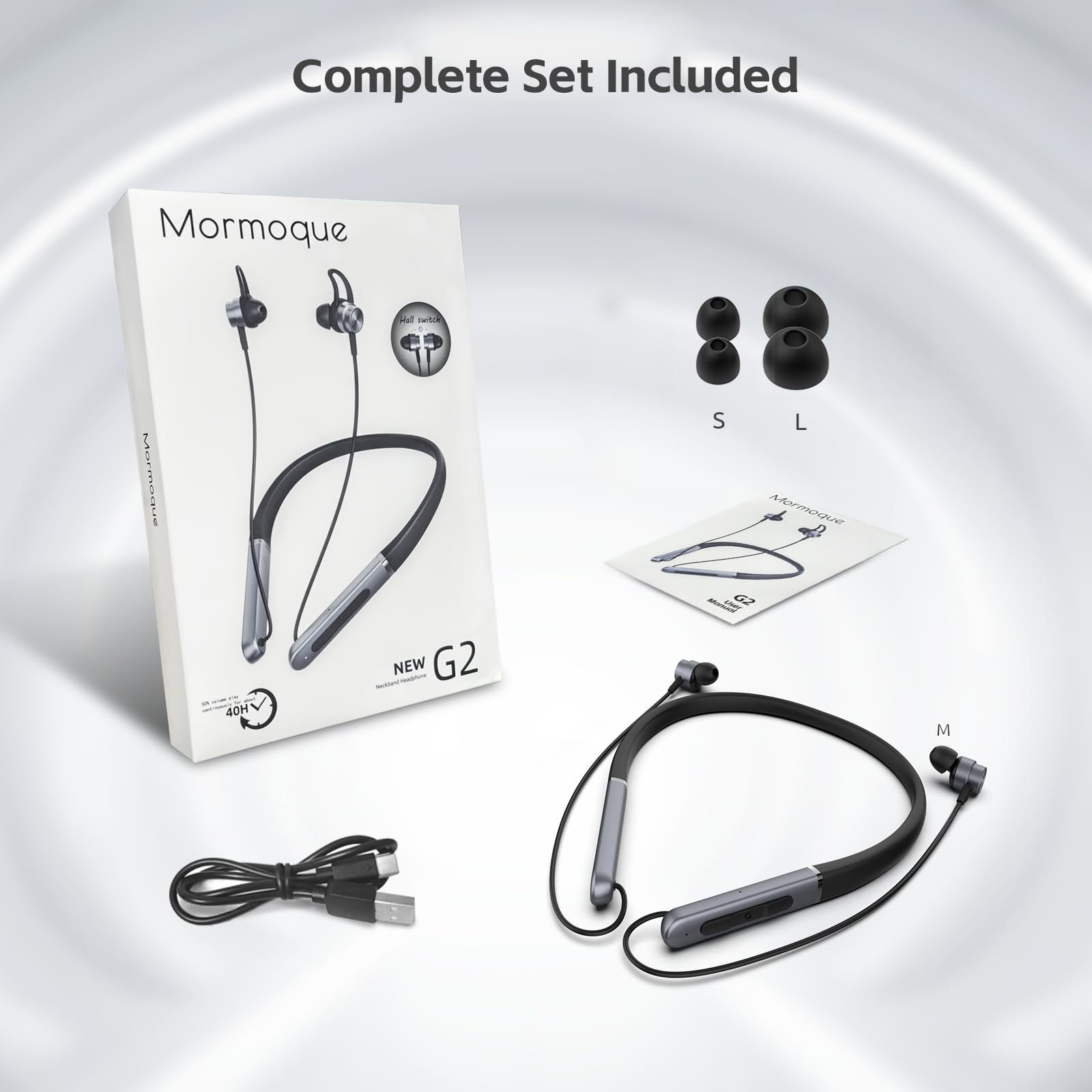 MORMOQUE Cuffie Bluetooth con archetto da collo, auricolari wireless con interruttore magnetico, microfono integrato, 40 ore di riproduzione, ENC + IPX6 impermeabile HD bass, per sport, corsa