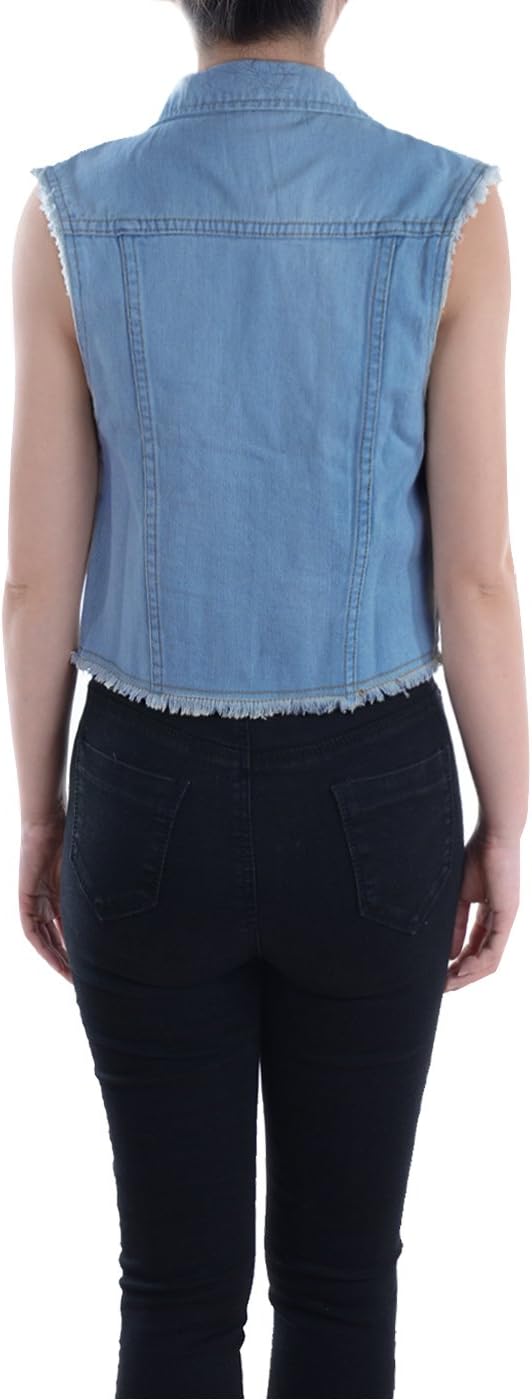 Anna-Kaci Womens Distressed Denim Button Up Sleeveless Crop Vest - Image 3