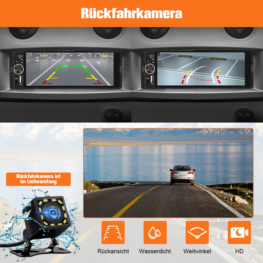 Junsun Smartes 1 DIN Autoradio mit 6,36 Zoll Touchscreen, Wired and Wireless CarPlay und Android Auto, Lenkradsteuerung, Rückfahrkamera, SD Slot USB Anschluss, externes Mikrofon