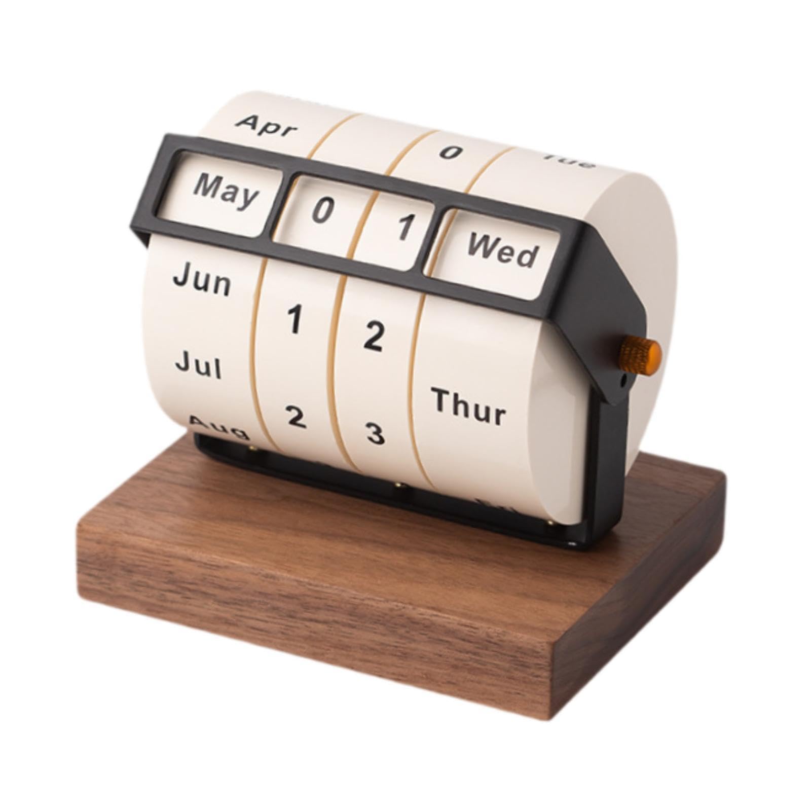 MERIGLARE Drehbarer Tischkalender, Holz Rollkalender, Kreativer Tischkalender für Café, Schule, Geburtstagsgeschenk, Dunkelbraun
