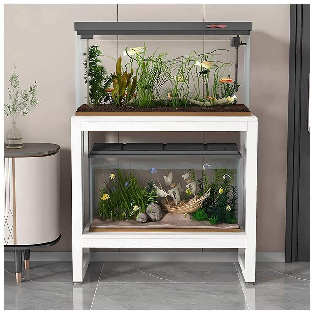 Support Aquarium Style Vintage en Rotin – Meuble-Support Robuste en Acier avec Étagère Ouverte – Table pour Aquarium 70 Cm Hauteur, Idéal La Maison, Le Salon Ou La Chambre.(Blanc,70x50x80cm)