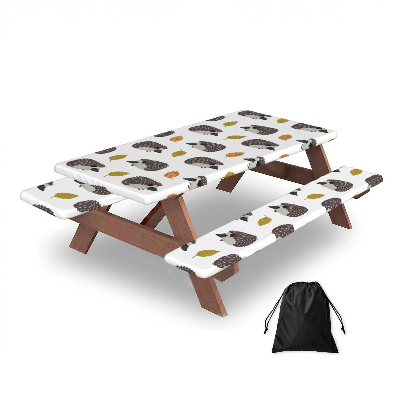 Autumn Leaves Hedgehog, Picnic Table Cover With Bench Covers -Waterproof Elastic Fitted Tablecloth for Garden Camping Patio 76x152cm