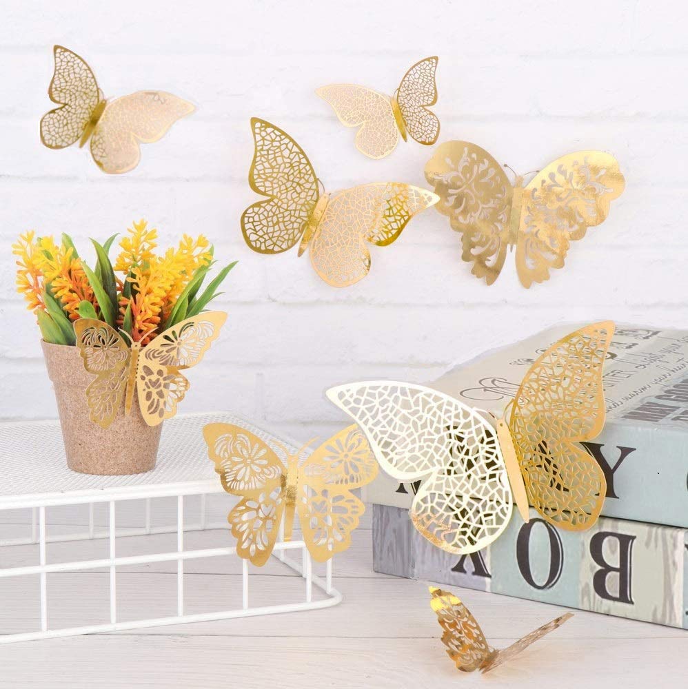 3D Farfalla Adesivi decorativi 36 pezzi, 3 stili, 3 misure, decorazione dorata, farfalle, per soggiorno, camera dei bambini, ragazze, cucina, finestre, mobili, matrimoni, feste, farfalle, decorazione