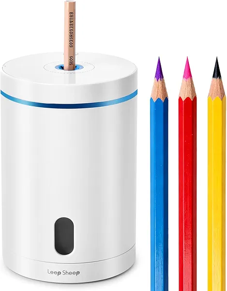 leep sheep Electric Pencil Sharpener, Fully Automatic Pencil Sharpener with Auto In and Out, Rechargeable and Hands-Free for Standard 6-8mm Pencils, Perfect for Classroom and Home Use (White and Blue)