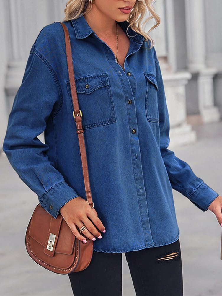 Chemise Jean Femme Manches Longues Blouson Veste Jeans Légèr avec Boutons Printemps Automne