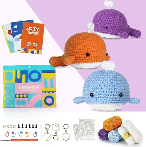 Kit de ganchillo para principiantes, kit de ganchillo de 3 piezas de lindas ballenas, paquete de iniciación para adultos, incluye ganchillo, hilo,