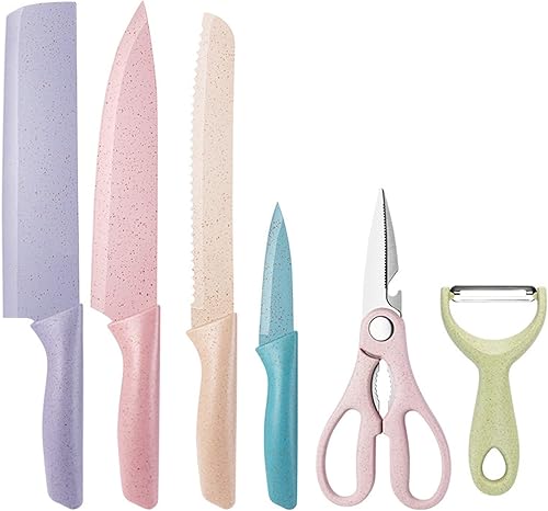 Juego de cuchillos coloridos de 6 piezas, juego de cuchillos de cocina de acero inoxidable de alto carbono con revestimiento antiadherente y mango