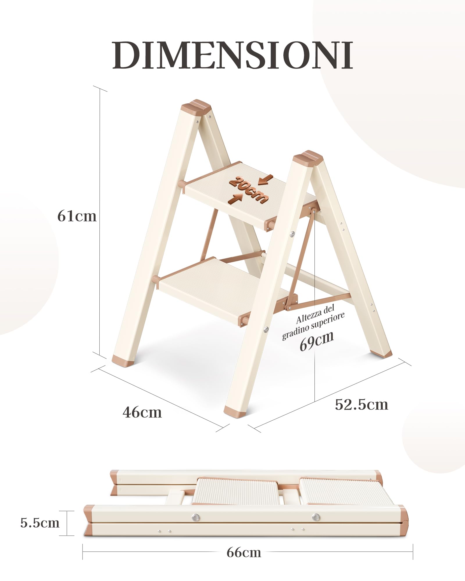 Scala a 2 Gradini, Sgabello Piegevole con Pedale Largo Antiscivolo in Alluminio Leggero ma Resistente, Portata 150 kg, Design Moderno Carino per Spazi Domestici Interni