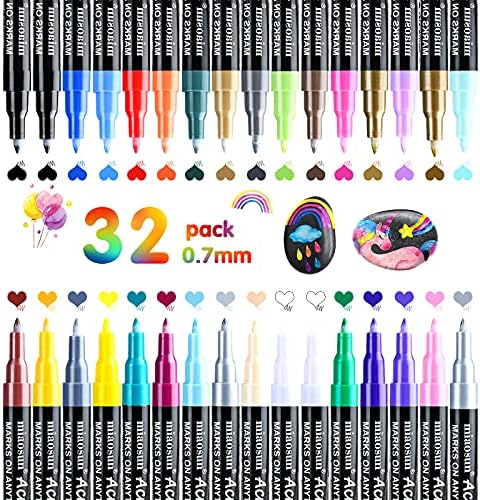 Acrylic Paint Pens 32 Colors Permanent Marker Pens 0.7mm Water Based Rocking Paint Markers Pens for Stone Metal Paper Glass Wood Plastic Porcelain Ceramic Leather DIY Photo Album Marker Set