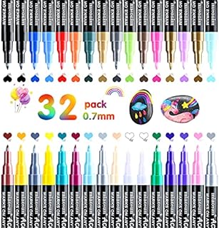 Acrylic Paint Pens 32 Colors Permanent Marker Pens 0.7mm Water Based Rocking Paint Markers Pens for Stone Metal Paper Glass Wood Plastic Porcelain Ceramic Leather DIY Photo Album Marker Set