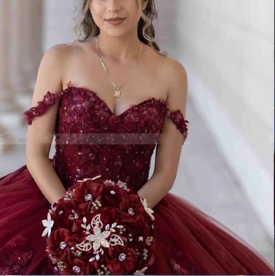 Floral Flower Lace Applique Tulle Prom Dresses Ball Gown Quinceanera Dress Off The Shoulder 20253