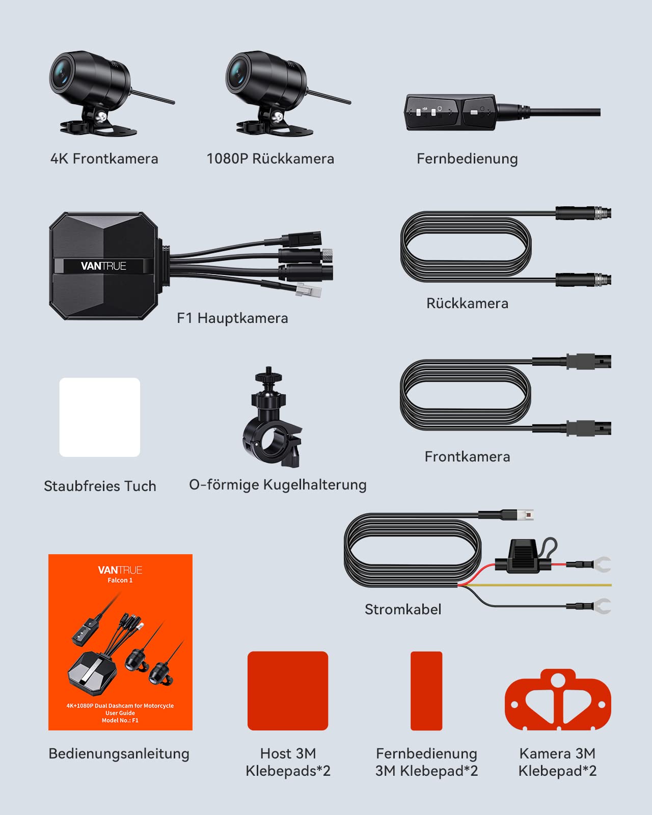 VANTRUE F1 4K+1080P Telecamera Moto Impermeabile IP67, 5GHz WiFi GPS Dash Cam Moto, Avvisi Vocali, 24H Rilevamento Collisione，Statistiche Chilometriche，WDR & HDR & APP, 300° Max 512G