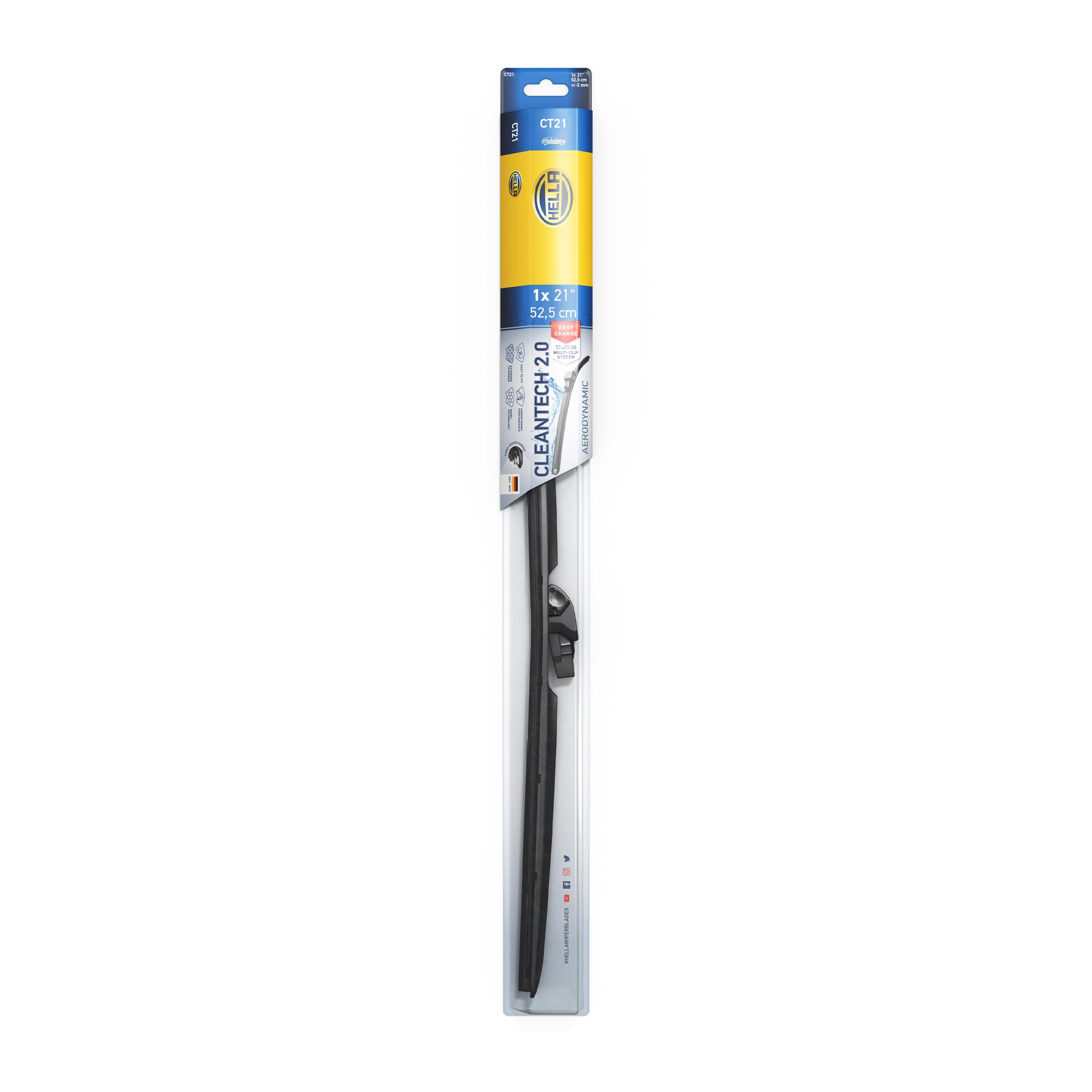HELLA 9XW 358 053-211 Cleantech Wiper Blade - CT53 - Flat Wiper Blade - for Left-Hand Drive Vehicles - 21 Inch - 525 mm - Front - Quantity: 1