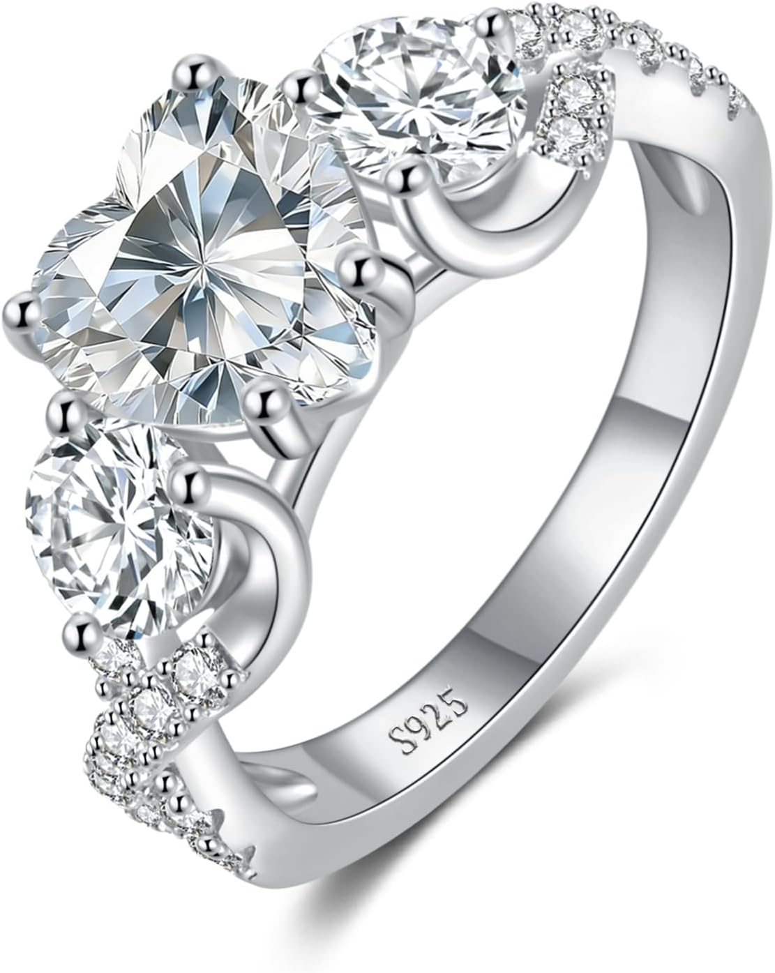 AVECON 3CT 3 Stone Moissanite Promise Rings for Her, D Color VVS1 Heart Cut 925 Sterling Silver Engagement Wedding Anniversary Promise Gift with Certificate