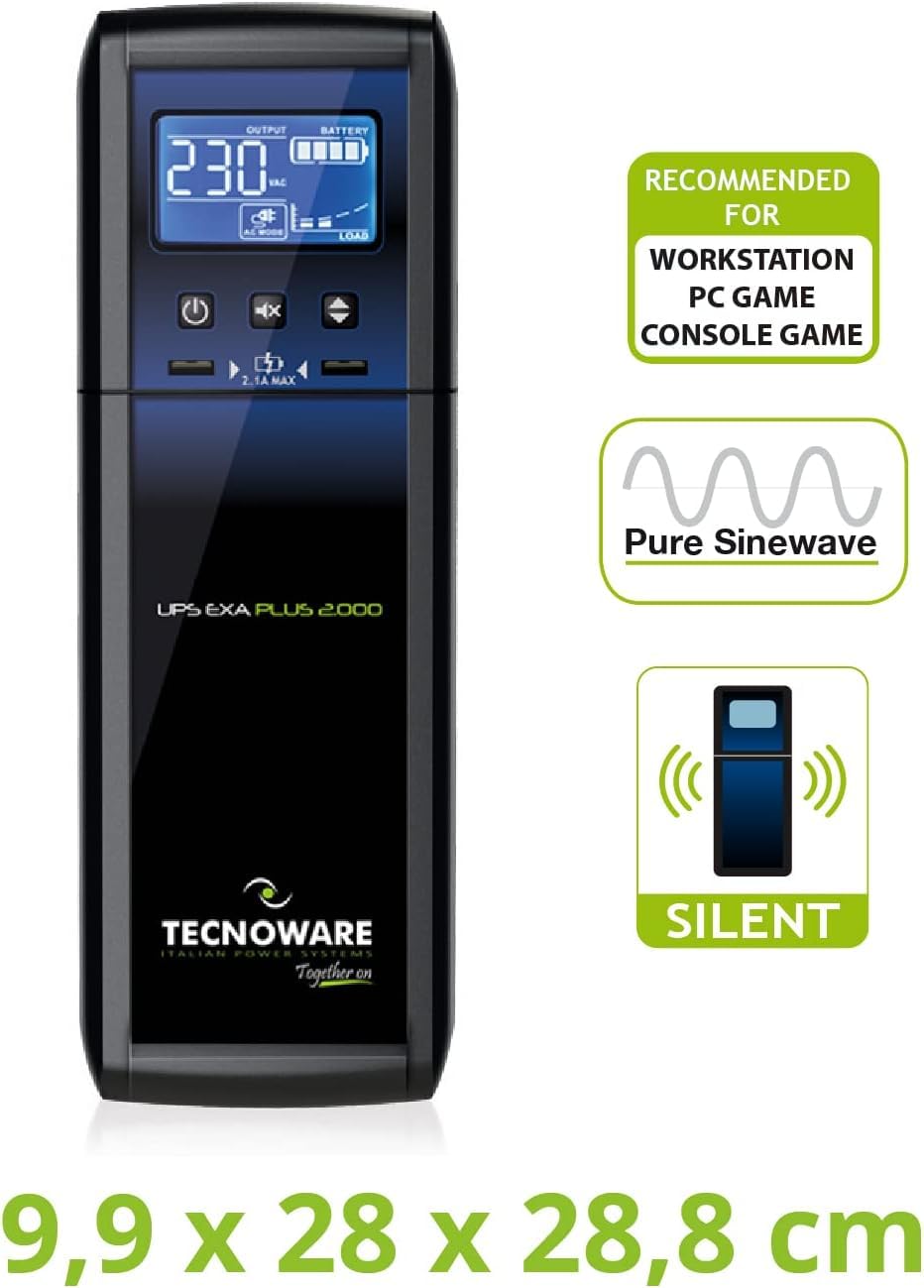 Tecnoware UPS EXA PLUS 2000 Gruppo Continuità per PC Gaming e Console - Alta Silenziosità - 8 Uscite IEC - Potenza 2000VA + Multipresa-Ciabatta con Protezione Sicurezza - Spina Ingresso tipo IEC C14