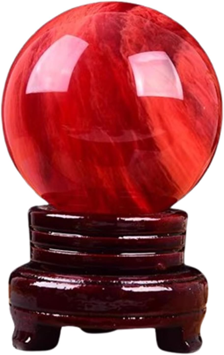 Beautiful Red Clear Smelt Quartz Crystal Ball with Stand, Feng Shui Divination Stone Sphere Sculpture for Home Office Table Display Decoration,8cm