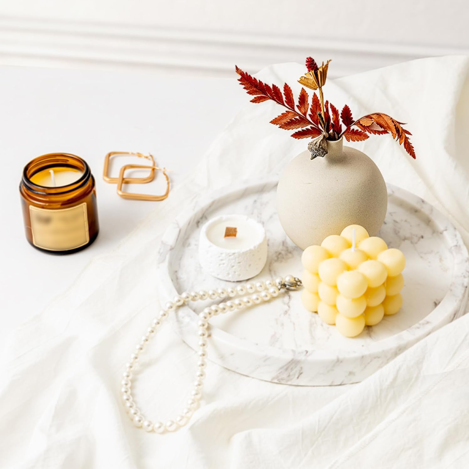 Taca z naturalnego marmuru do łazienki, mała taca, okrągła taca na biżuterię, perfumy, świece, organizer do przechowywania blatu jako dekoracja domu, biała, TP601