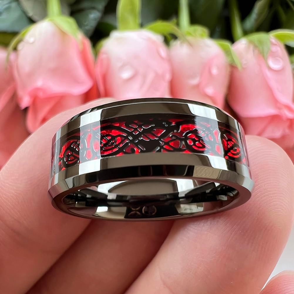 TUTISS 6mm 8mm Gunmetal Tungsten Rings for Men Women Wedding Bands Red Greeb Carbon Fiber Celtic Dragon Inlay Beveled Edges Polished Comfort Fit