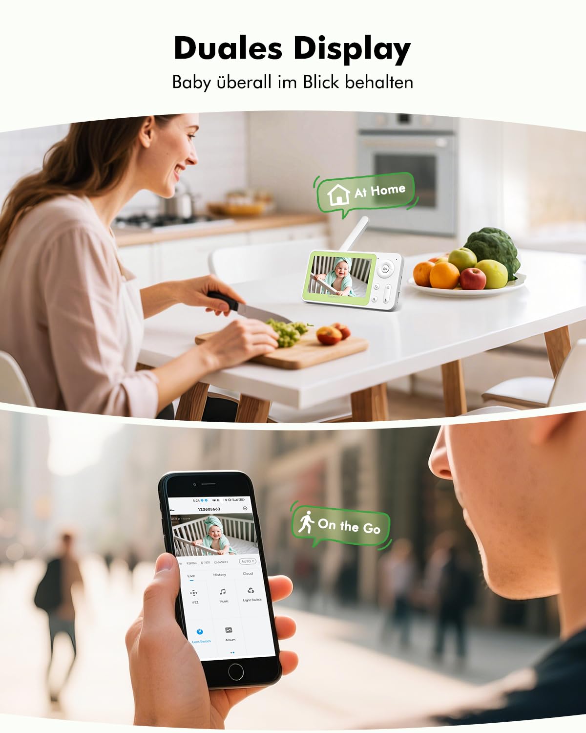 Babyphone mit Kamera 1080P HD PTZ 360°, 4.3" WLAN Baby Monitor mit App, IR Nachtsicht, 4X Zoom, Video Babyfon mit Bewegungs-/Geräuscherkennung, 2-Wege-Audio, Auto-Tracking, Bereichsalarme