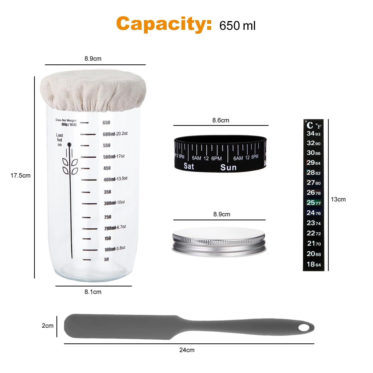 Hniuyun Sourdough Starter Kit with Thermometer & Scraper, 650ml Wide Mouth Glass Jar - Image 2