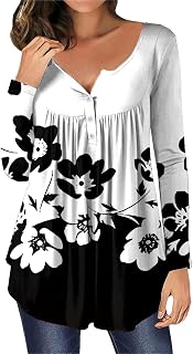 Women's T-Shirt Top Women's T-Shirt Blouses & Tunics for Women Tights Top Long Sleeve Casual Print Button Long Sleeve Top T-Shirt T-Shirt Women's Sportswear Women's Summer Dress Long V Neck, White, XL