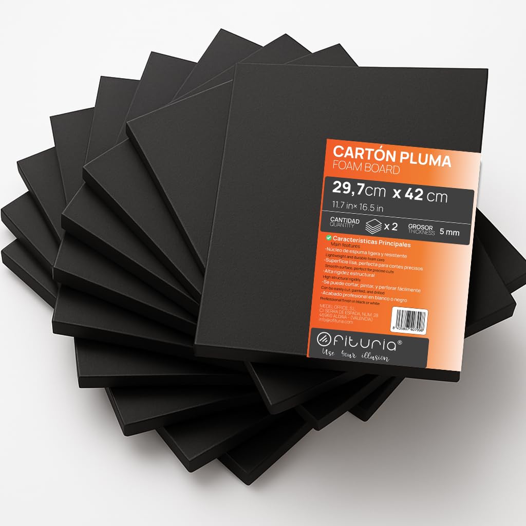 OFITURIA Foam Board, Black, A3 (29.7 x 42 cm), Pack of 2, Expanded Polystyrene Plate, Lightweight and Rigid, Foam Board, Versatile and Cuttable, for Crafts and Models, 5 mm