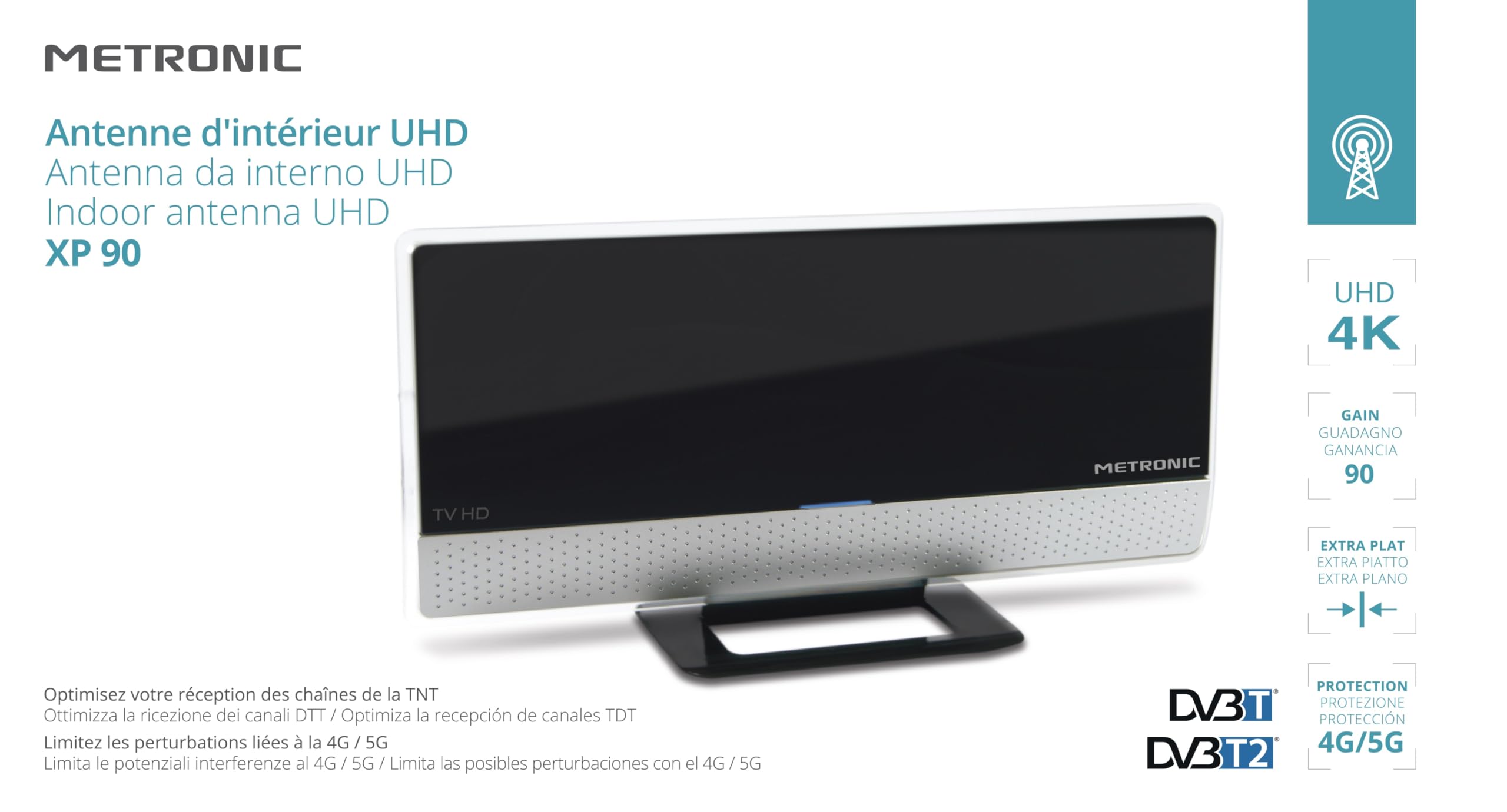 METRONIC 416807 Antenne TV Intérieur Puissante Amplifiée et Extra Plate Compatible 4K UHD - Réception TNT Haute Définition - Noir