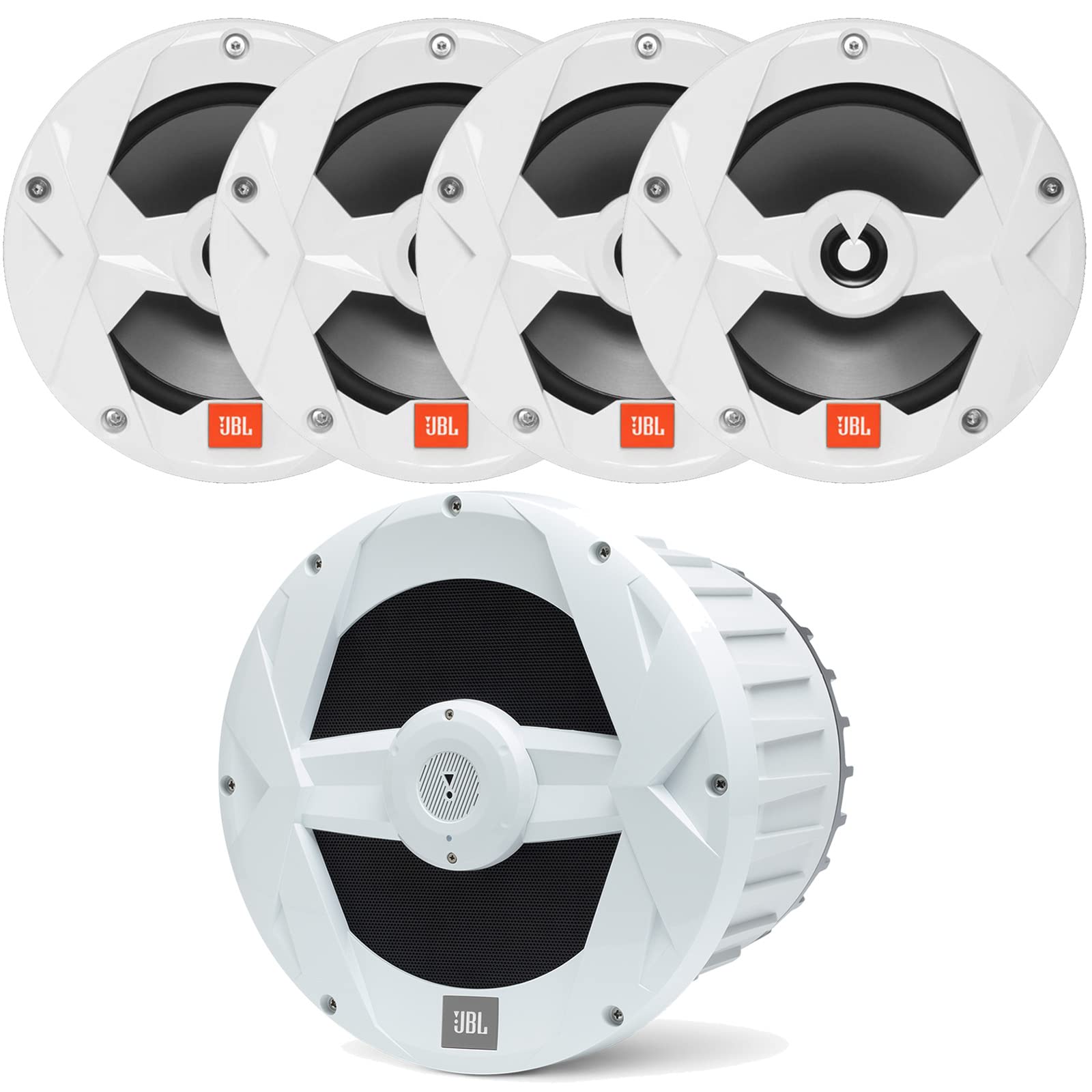 Milennia JBL BassPro 10'' 750 Watt Max Powered Marine Audio Subwoofer Bundle Combo with 2 Pairs (Qty 4) of 6.5'' 2-Way 225 Watts Peak Power Marine Audio Multi-Element Speakers (White)