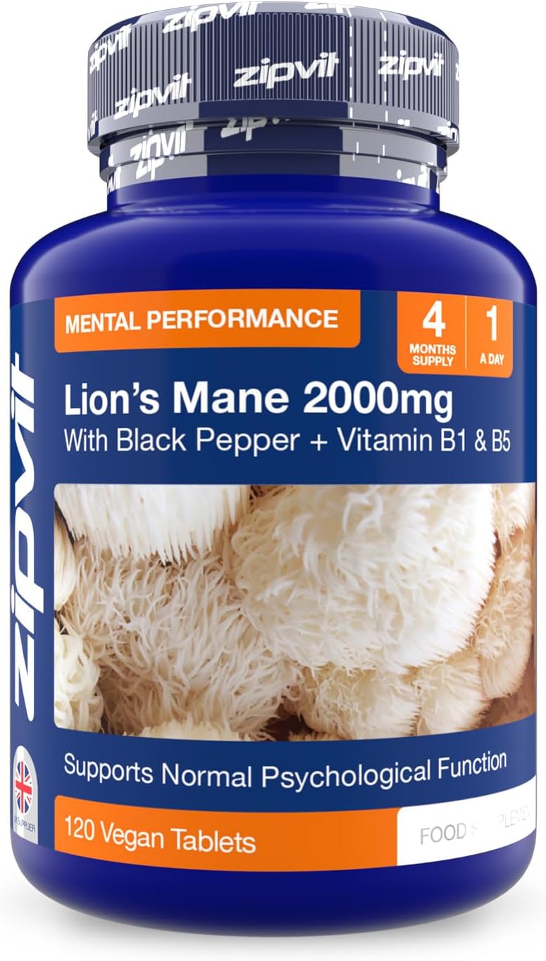 Lions Mane Supplement 2000mg with B1, B5 & Black Pepper, 4 Months Supply, Lions Mane Mushroom 15:1 Extract, Supports Mental Performance, 120 Vegan Tablets