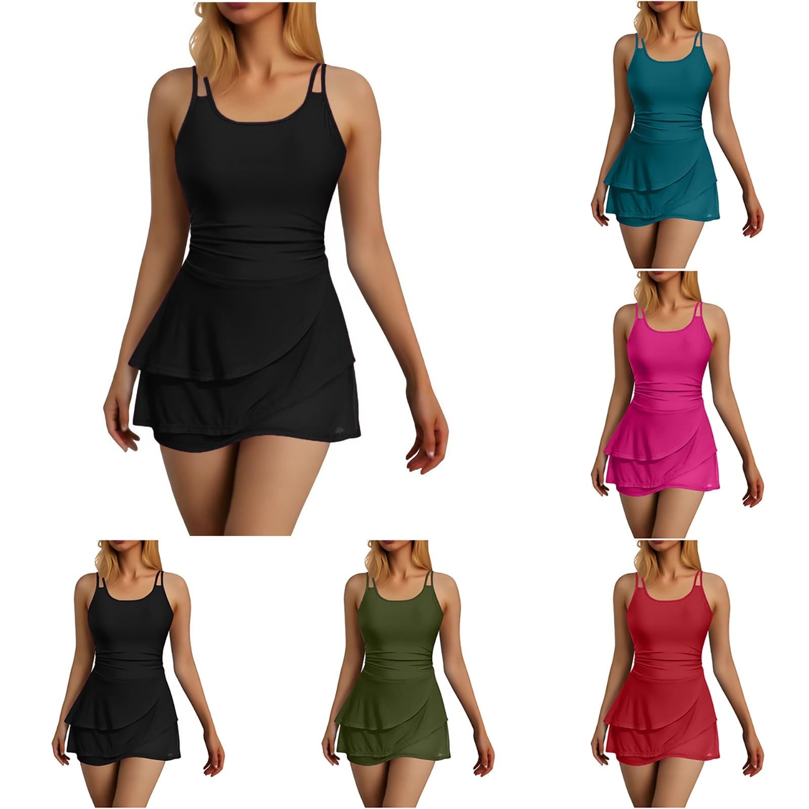 Badeanzug Damen mit Rock Einteiler Badekleid Bauchweg Strandmode Brustpolster Elegant Swimsuit Große Größe Spaghettiträger Schwimmanzug Badebekleidung Bodycon Bademode