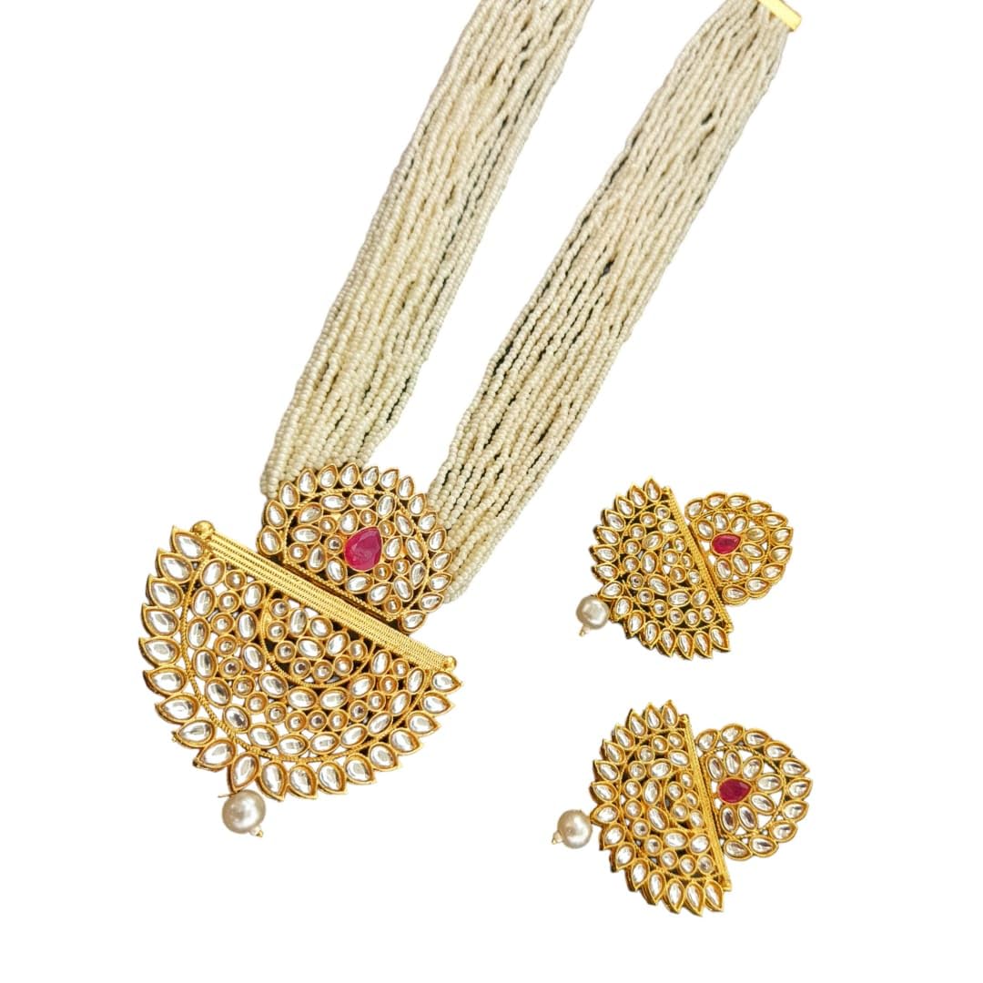 Sweksha Creations Gold Plated Pearl AD Pendant Gold Tone Kundan Inspired Cheed Mala Long Rani Haar Meena Work Necklace Set with Earrings for Women and Girls (B0D6Z33NKV) Amazon Price History, Amazon Price Tracker