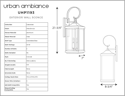Miniatura 5 de Urban Ambiance Lámpara de pared colonial de lujo para exteriores, tamaño mediano: 21-3/4 "x 7", con elementos de estilo granja, acabado de bronce