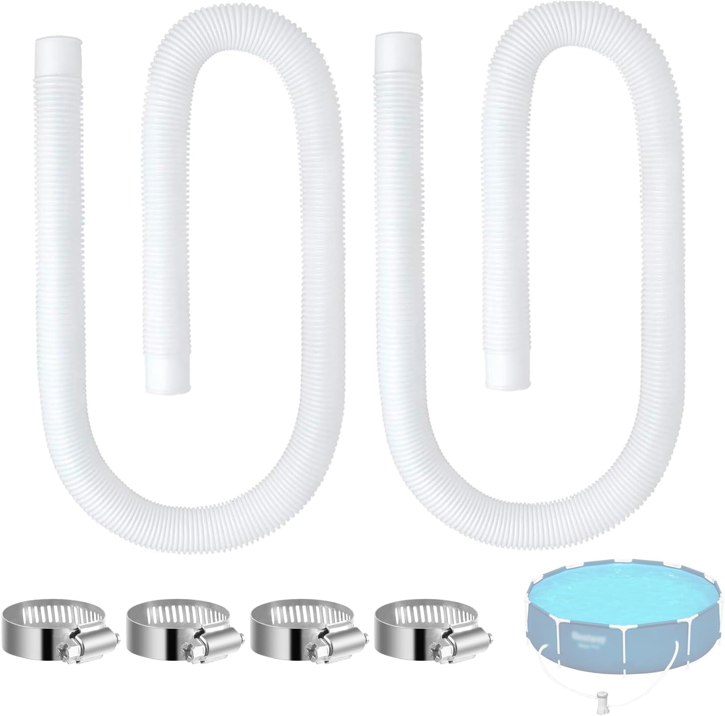 Pool Hose Compatible with Bestway Above Ground Pools, Pool Filter Hose Replacement, 1.25 x 59 Inch Pump Hoses, Compatible with Intex Pump Models 607, 637, 2 Pack 1 1/4 Hoses with 4 Metal Clamps