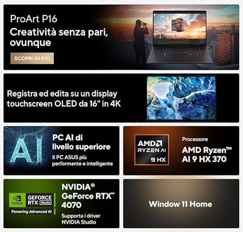 ProArt P16 OLED H7606WI#B0D5RH8WWR, Notebook in alluminio con Monitor da 16" Glossy, AMD Ryzen™ AI 9 HX 370, RAM 32GB, 2TB SSD PCIE, NVIDIA® GeForce RTX™ 4070, WIN 11 HOME, Nero - Notebook - Immagine 5