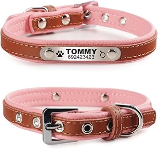 Kuntrona Personalized Engraved Dog Cat Collar Braided Custom Leather Puppy Cat Pet Collars ID Tag For Small Medium Dogs Brown S